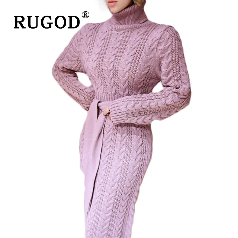 RUGOD 2020 Ženy Turtleneck Sveter Šaty Pevné Twist Dlhý Rukáv Obväz Bodycon Vestidos Všetkých Zápas Knitwear Zimné GD088