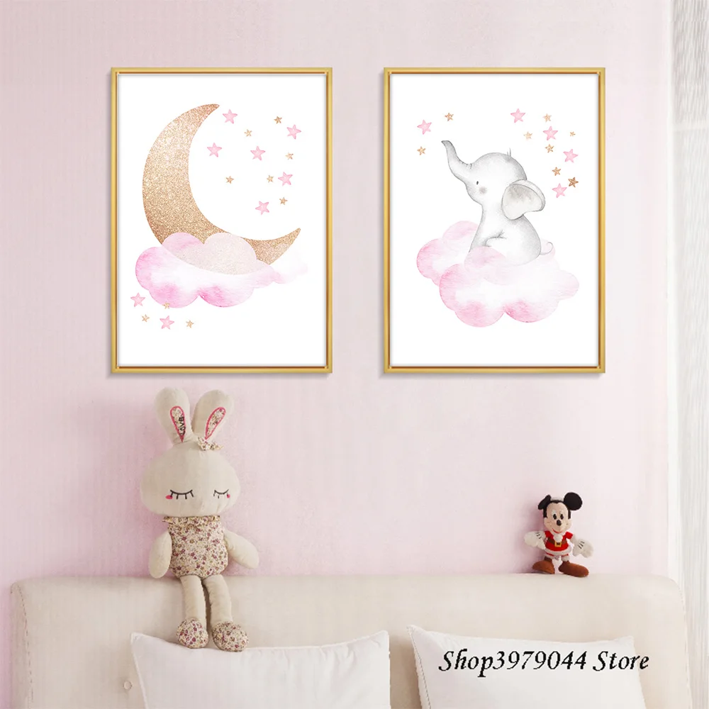 Ružový Slon Mesiac Plátne, Plagát, Obraz Hviezdy Cloud Škôlky Wall Art Print Baby Girl Maľovanie Plagátu Nordic Deti Miestnosti Dekorácie