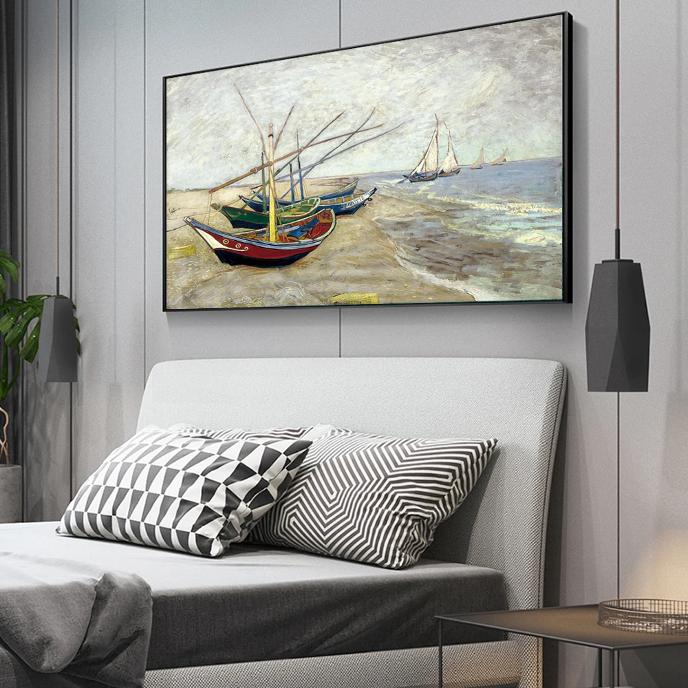 Rybárske Lode na Pláži Van Gogh Plátno na Maľovanie Seascape Plagáty a Vytlačí Cuadros Wall Art Obrázky pre Obývacia Izba Dekor