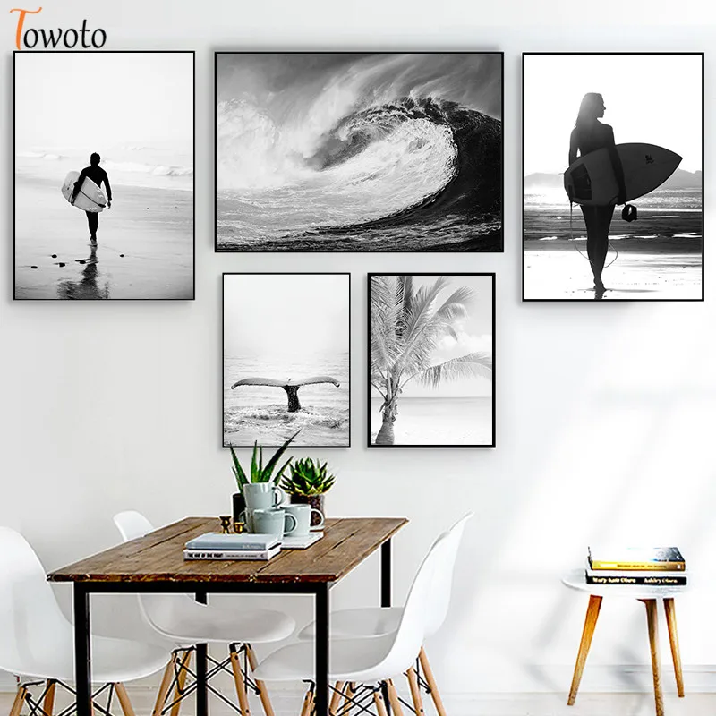 Seascape Plátno, Maľovanie na Piesočnatej Pláži, Plagát, Surfovanie Tlač Vĺn Oceánu Wall Art Čiernej a Bielej Nordic Nástenné Maľby Obrázok