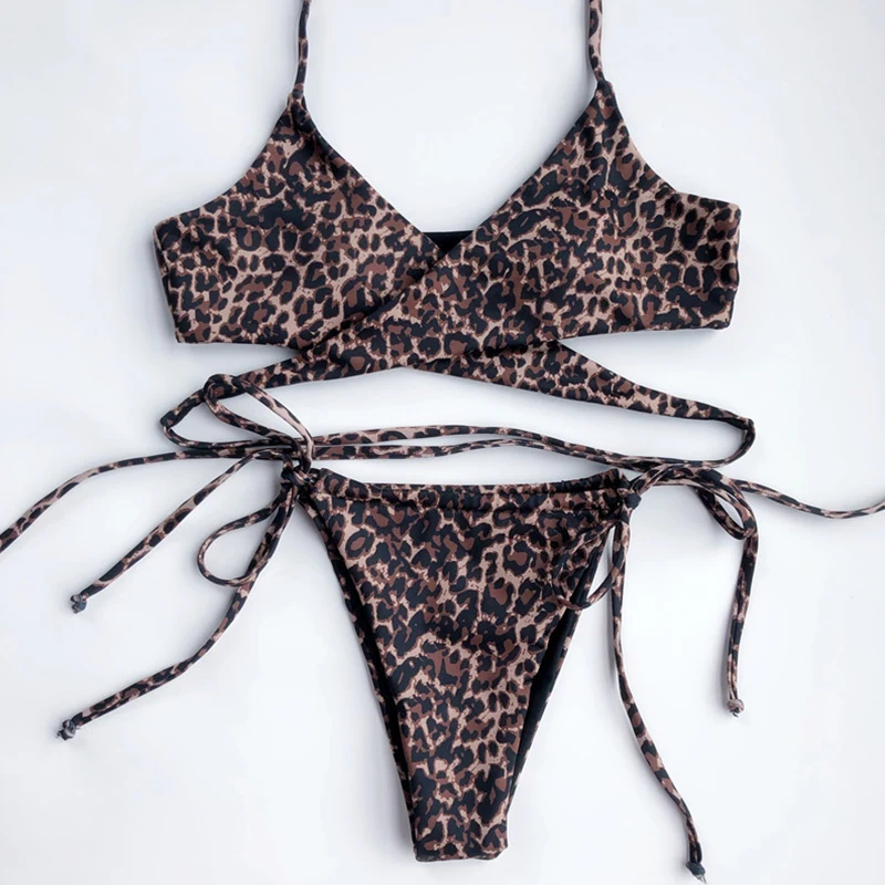 Sexy 2020 S Uväzovaním Za Leopard Bikiny Žien Plavky Ženské Plavky Brazílske Bikini Set Zábal Okolo Obväz Bather Plavky Plávať