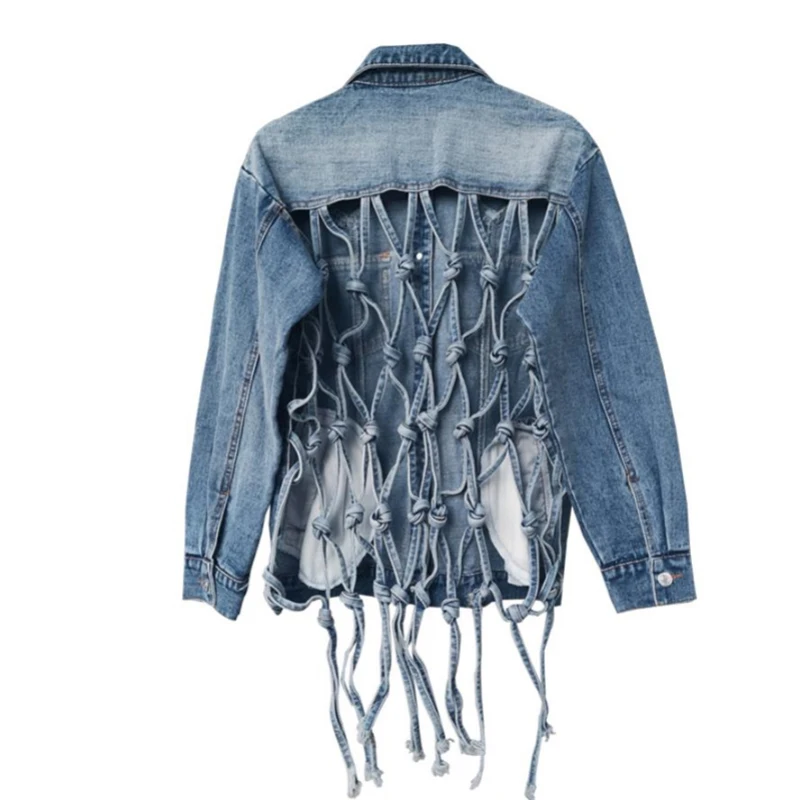 Sexy Backless Čistý Duté Z Dlhý Rukáv Denim Jacket Dizajn Strapce 2020 Jeseň Nové Žien Voľné Jean Coats Streetwear