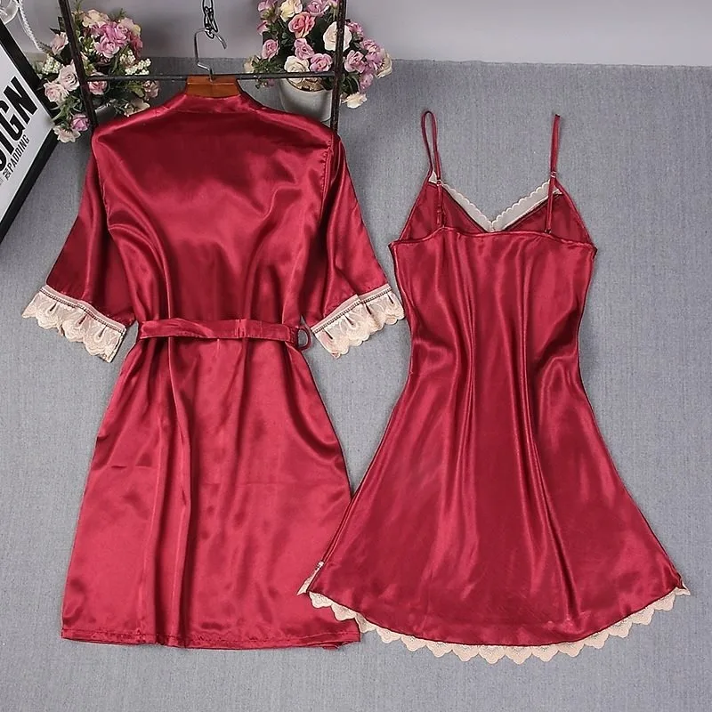 Sexy Nightgown Sleepwear svieti na Červeno Modré Svetlo Modrej Farby, tvaru Imitácie Hodvábu Textílie Veľkosť S Až po XL Župan Nastaviť Lady Saténový Župan