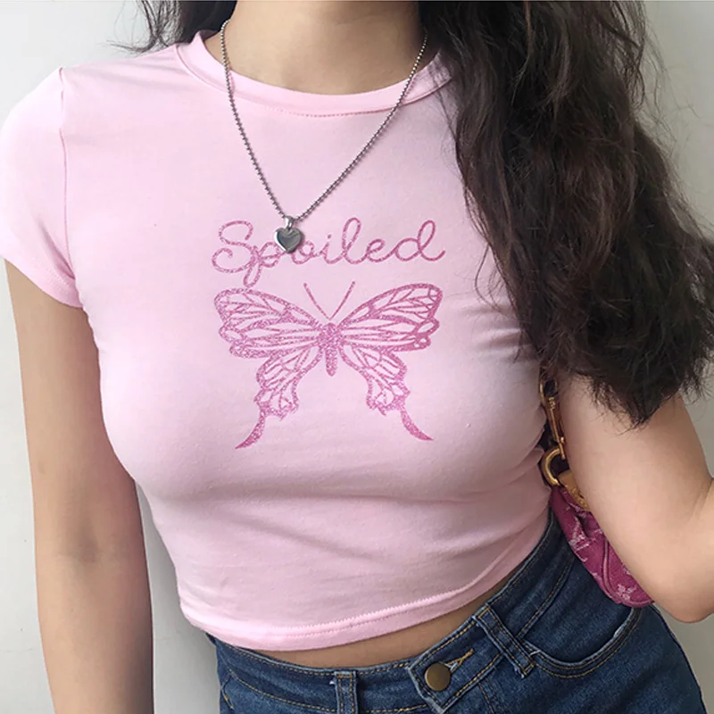 Sexy Ružová Plodín Top Ženy Lete Motýľ Grafický List T Shirt Ladies Padouchy Egirl Tee Tričko Harajuku Roztomilý Orezanie Hornej 2020