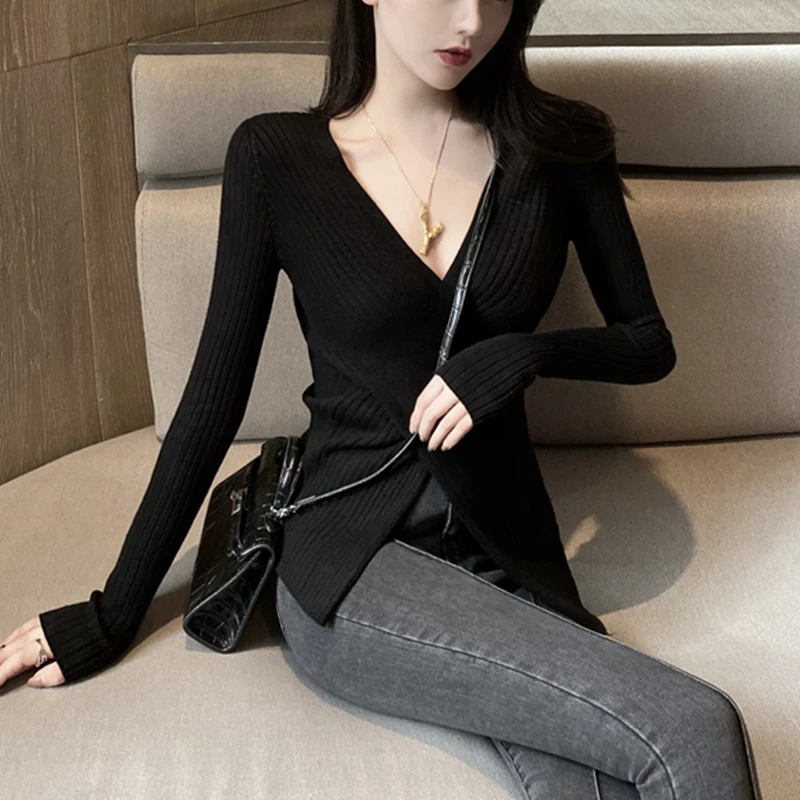 Sexy V Krku Zimné Svetre Ženy 2020 Módne Bežné Dlhý Rukáv Kórejský Pulóvre Oblečenie Dámske Topy Slim Basic Čierny Sveter