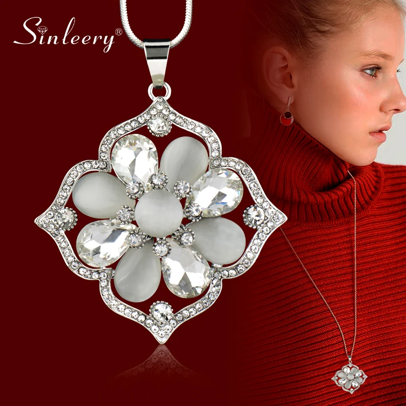 SINLEERY Vintage Opal Kvet Veľký Prívesok Dlhý Náhrdelník Pre Ženy Biela Červená Sivý Kameň Náhrdelník Vyhlásenie Šperky MY335 SMUO