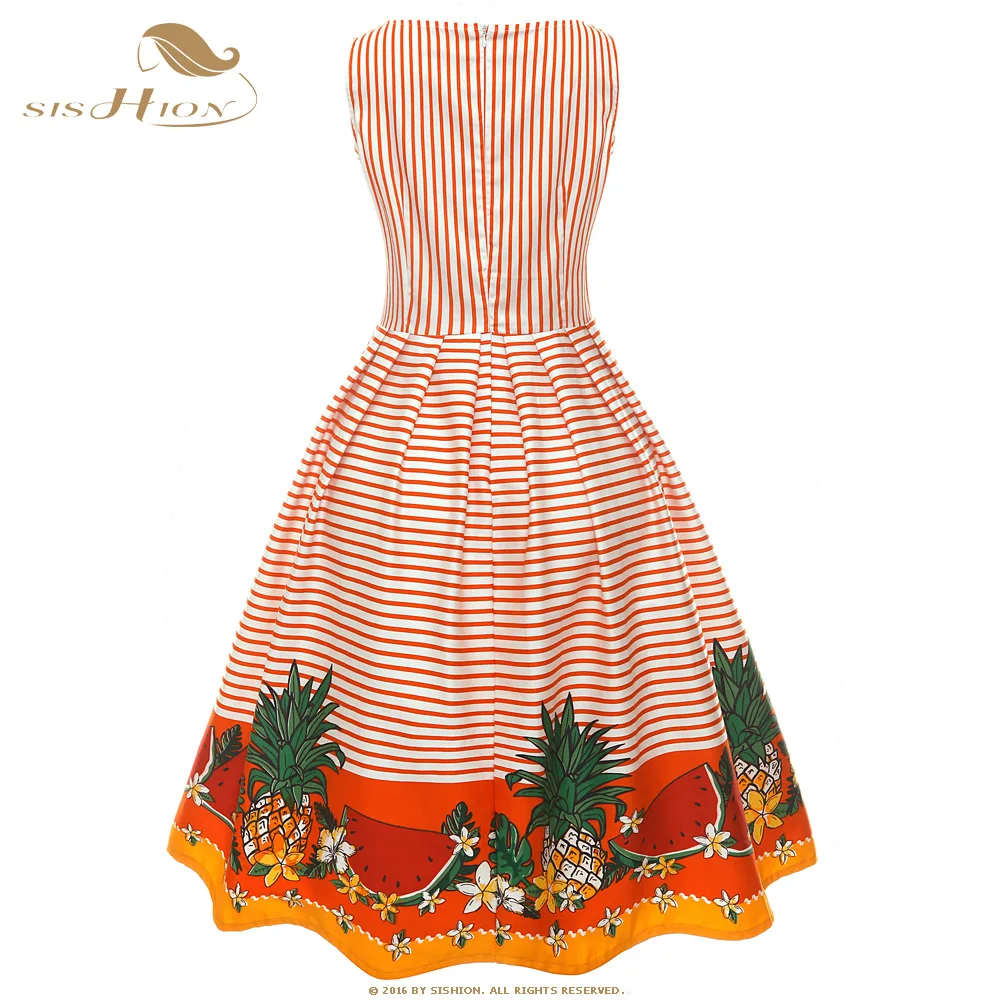 SISHION Elegantný Kvetinové Šaty Ženy bez Rukávov Bavlna Žltá Oranžová tmavo Modré Swing Skladaný Prekladané Vintage Retro Šaty VD0936