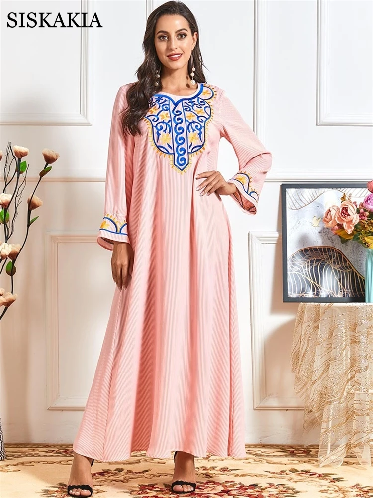 Siskakia Ružová Prekladané Etnických Vyšívané Maxi Šaty pre Ženy, Plus Veľkosť O Krk Dlhý Rukáv Moslimského Turecka arabčina Oblečenie 2020 Nové