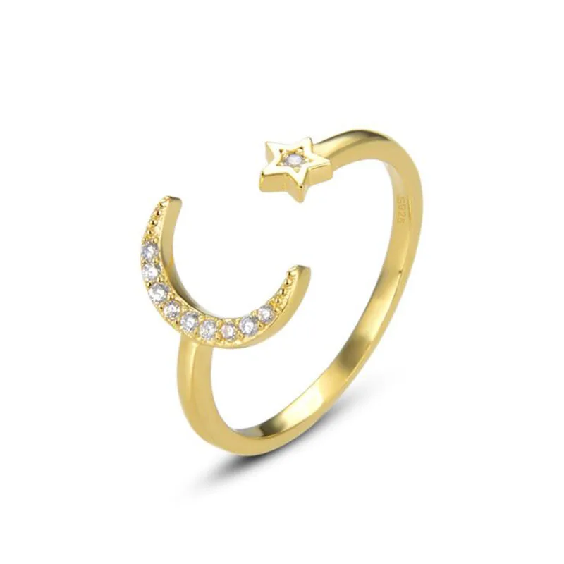 Skutočné 925 Sterling Silver Moon & Star CZ Otvoriť Krúžok Zlatá Farba CZ Nastaviteľné Prst Prstene pre Ženy, Jemné Šperky