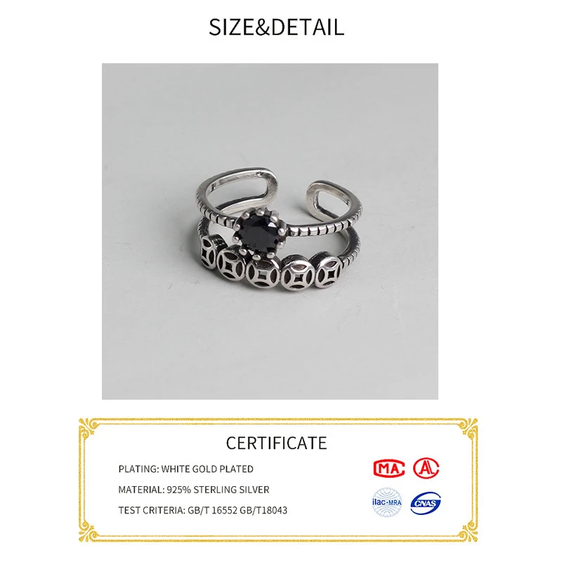 Skutočné 925 sterling silver prst prstene pre ženy Trendy jemné Šperky Veľké Nastaviteľné Starožitné Krúžky Anillos black zirkón