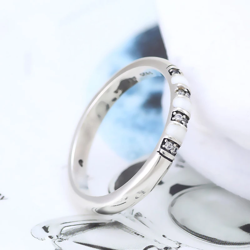 Skutočné 925 Sterling Silver Prsteň Strieborný A Biely Smalt S Krištáľovo Prstene Pre Ženy, Svadobné Party Darček Módne Šperky