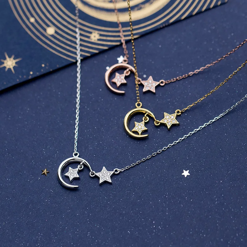 Skutočné 925 Sterling Silver Star a Mesiac Prívesok Náhrdelník Hypoalergénne Šperky pre Ženy, Dievčatá
