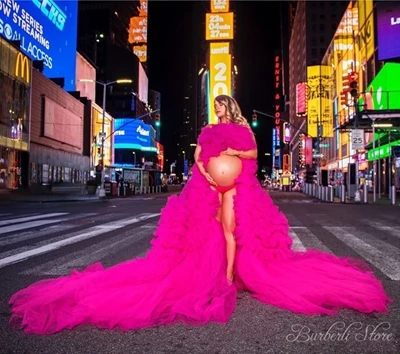 Skutočný Obraz Hot Pink Svieži Birdal Šaty Tylu Rúcha Ženy Materskej Tylu Plášte Pre Fotografiu Strieľať Šaty S Dlhými Vlak Zákazku