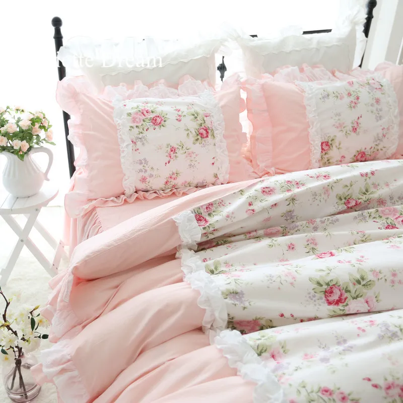 Sladká princezná posteľná bielizeň nastaviť Ťažké vrások ručné prehrabať čipky spájať obliečky kryt ružový pastoračnej king size prehoz cez posteľ HM-22F