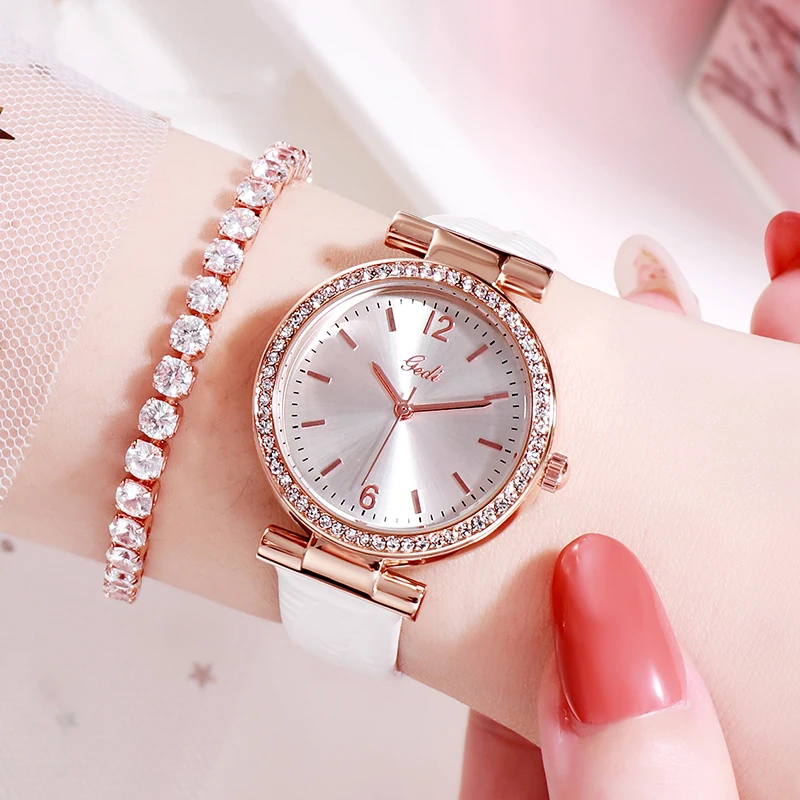 Sledujte ženy dámske hodinky luxusné Žena rose gold náramkové hodinky quartz kolo Kožený remienok Klasické čierne nepremokavé módne darček