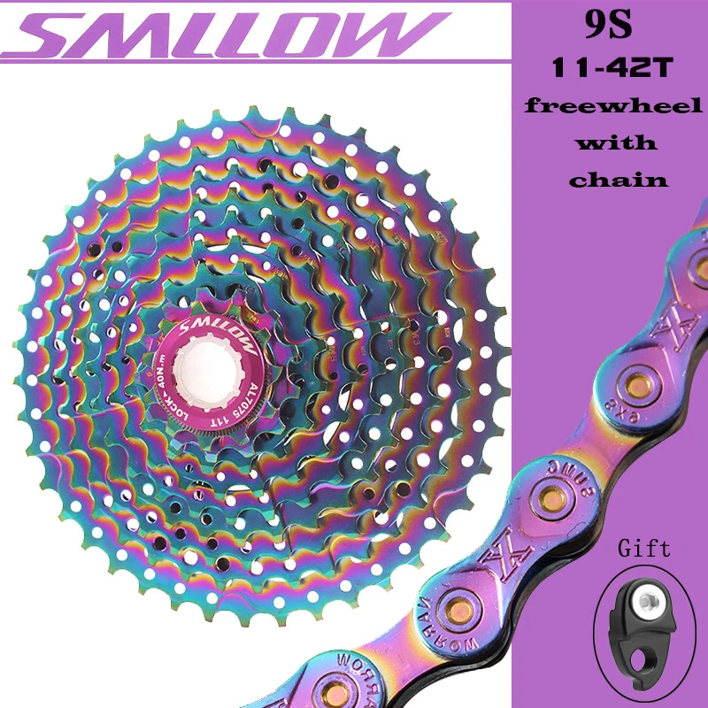 SMLLOW MTB Farebné Kazety Freewheel 9 Rýchlosť 11-13-16-20-24-28-32-36-42T Chróm-Molybdén Ocele Zotrvačníka Rainbow Reťazca Časti