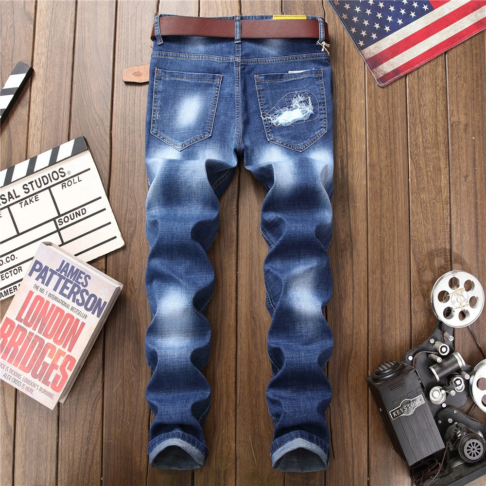 Sokotoo Mužov Americkej vlajky škvrny dizajn blue denim džínsy Otvory roztrhlo núdzi slim rovné nohavice