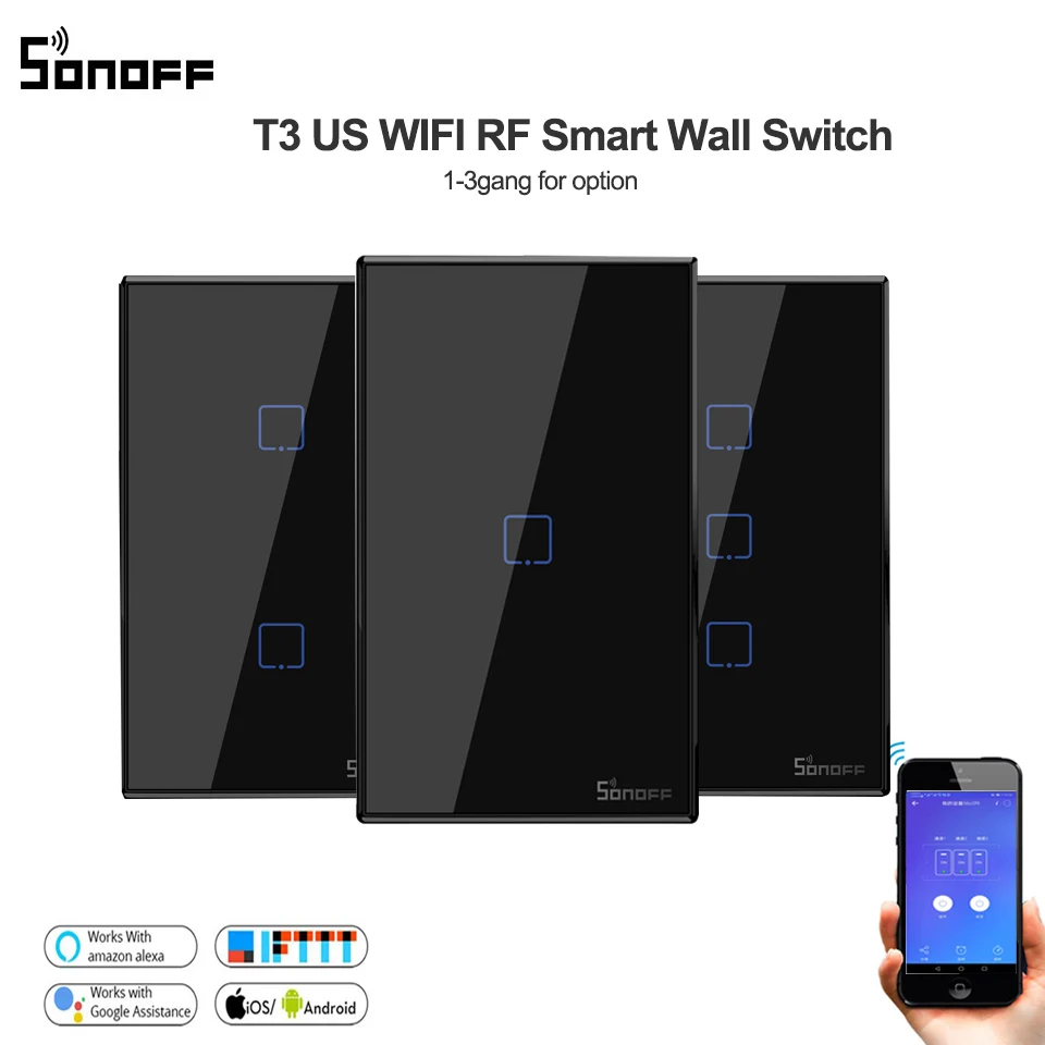 Sonoff T3 black NÁS 1/2/3 gang 433 RF Diaľkový ovládač Smart Wifi Switch S Hraníc časovač prepínač Funguje S Alexa Domovská stránka Google