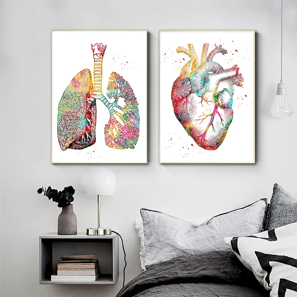 Srdce Tlače Kostra Watercolour Umelecké Plátno Plagát Maľovanie Pľúc, Mozgu, Anatómia Medicíny Sieťovej Tlače Klinike Lekárskej Office Dekor