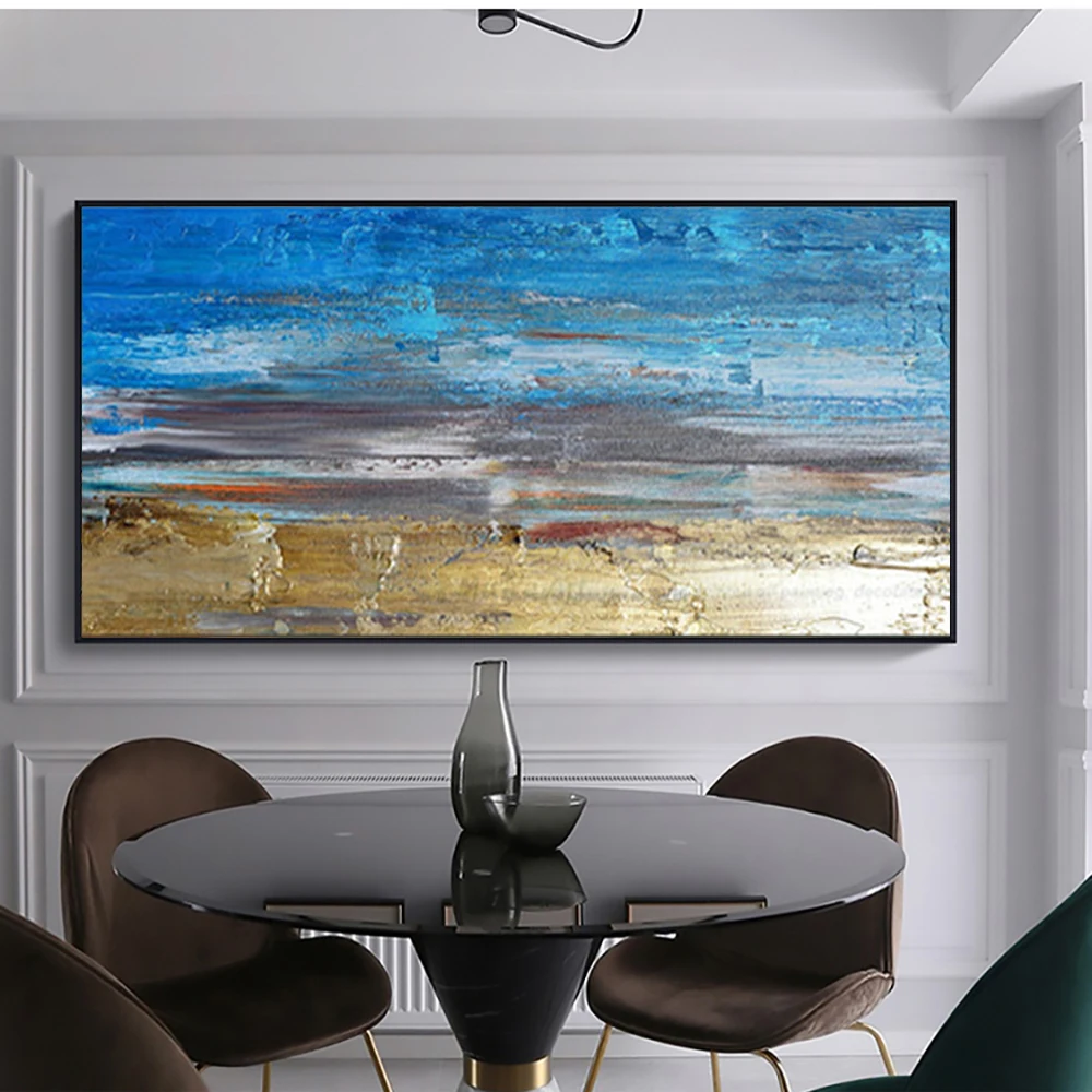 Steny výzdoba maľovanie modrá akryl na plátne obrázky pre obývacia izba abstraktné wall art ručne maľované plátno olejomalieb horizontálne
