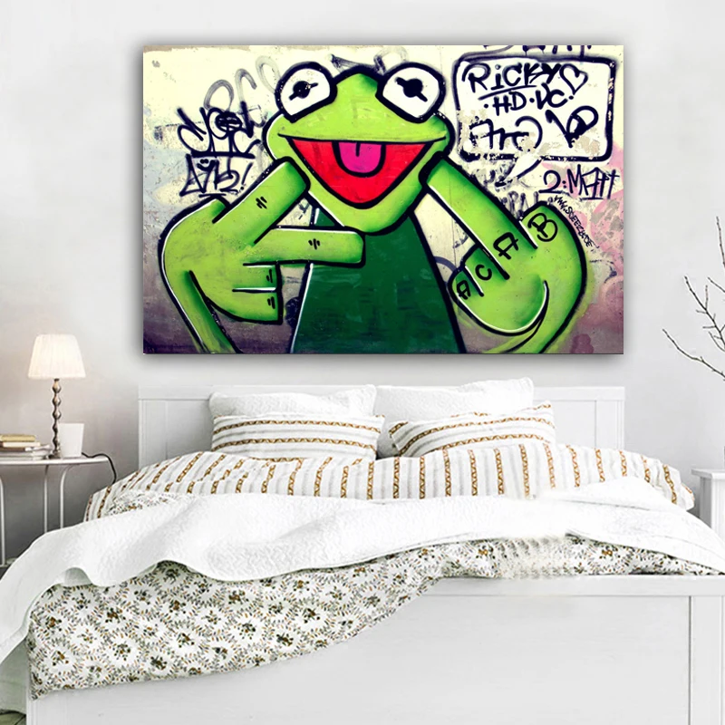 Street Graffiti Art Žabiak Kermit Prst olejomaľba na Plátne Plagáty a Vytlačí Cuadros Wall Art Obrázky Pre Obývacia Izba