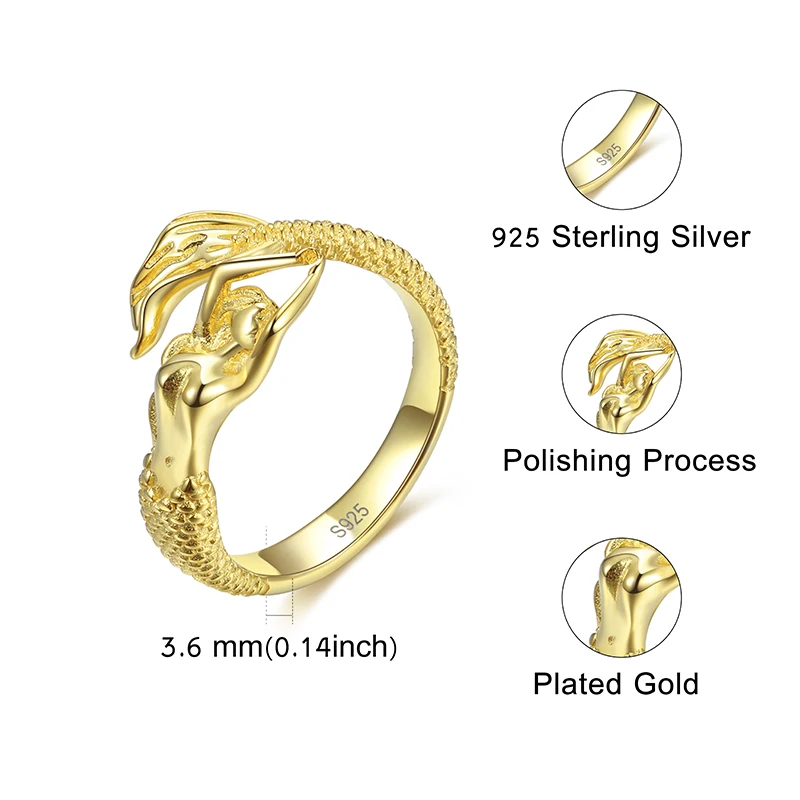 StrollGirl Autentické Módne 925 sterling silver gold farebné Mermaid otvorte veľkosť Prsta Prsteň nastaviteľné, aby pre ženy DIY šperky