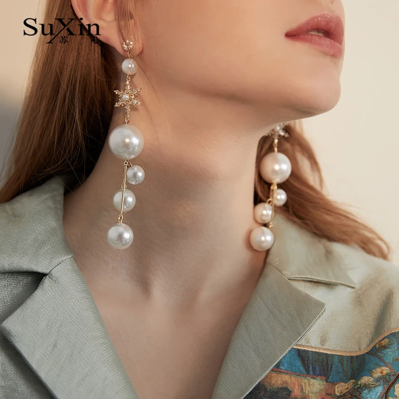 SuXin náušnice 2020 nové jednoduché strapec náušnice pre ženy dlhé umelé perly prívesok náušnice šperky darček
