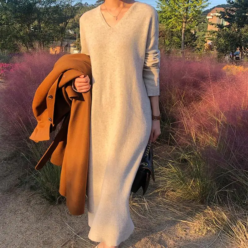Svetlo luxusné kórejský tvaru stredná dĺžka cashmere sveter sukne pre ženy, voľné koleno Pulóver šaty vlna pletenie