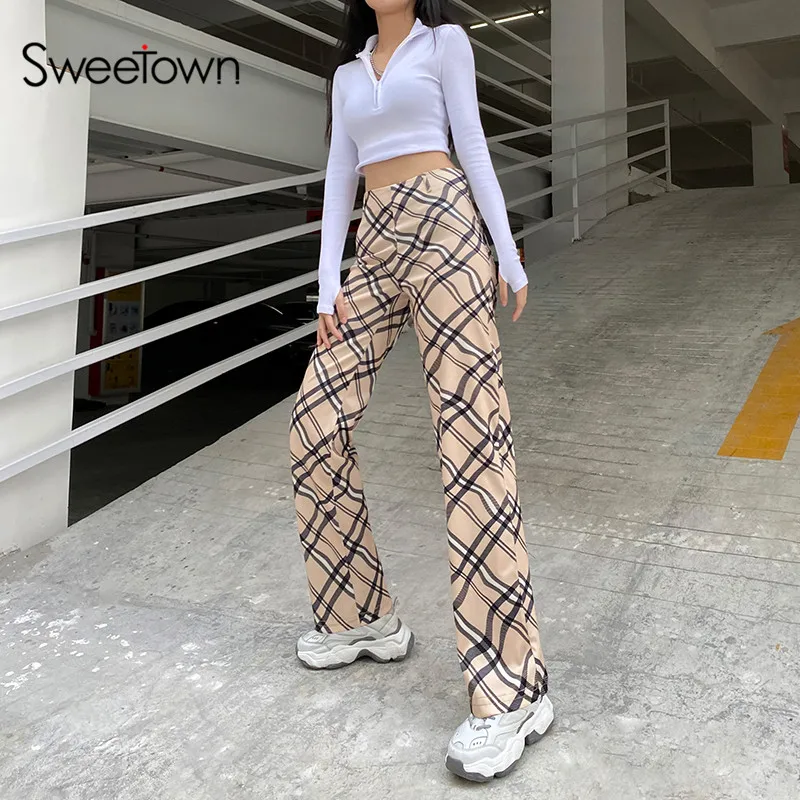 Sweetown 2020 Jeseň Krivky Prúžok Rovné Nohavice Ženy Anglicko Preppy Štýl Y2K Streetwear Bežné Vrecká Vysoko strede zúžený Joggers