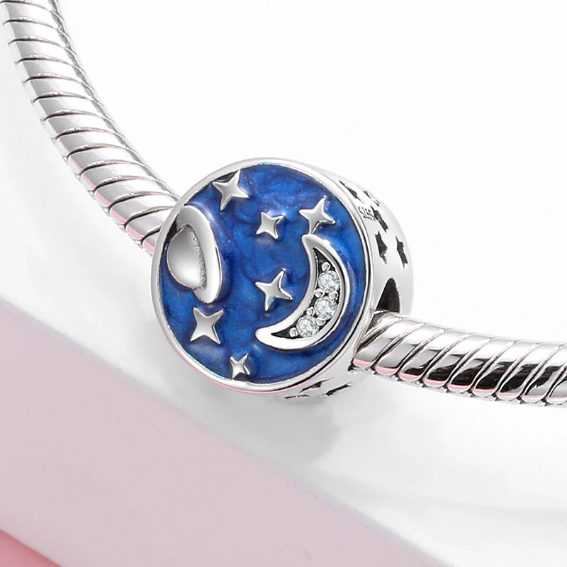 Tajomný vesmír, Hviezdy, mesiac, Modré Smalt 925 Sterling Silver Korálky Fit Pôvodné Mikiwuu Kúzlo Náramok Šperky robiť darček