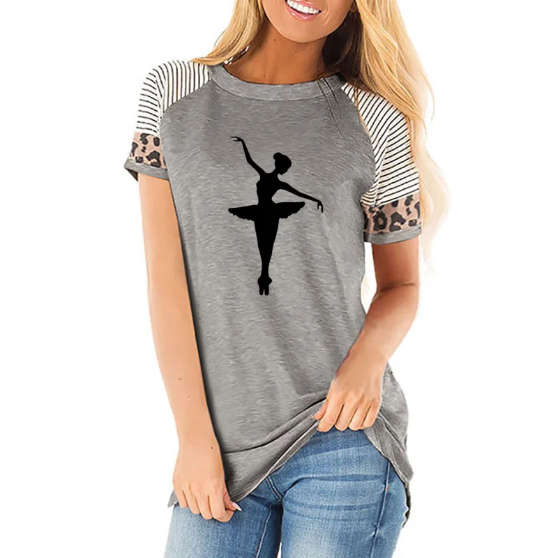 Tanečník Tancuje Balet Print T Shirt Lete žien okolo krku prekladané leopardí vzor Bavlna krátky rukáv T-shirt pre ženy