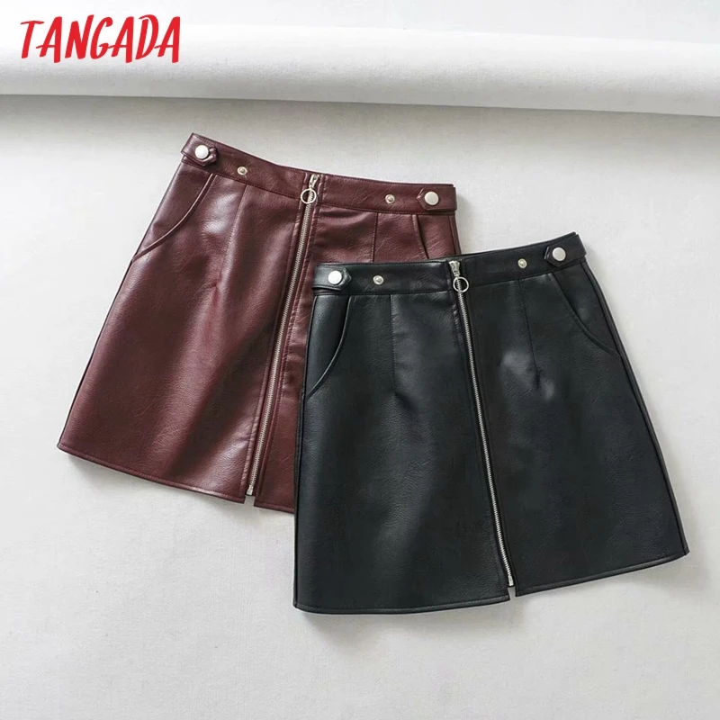 Tangada 2020 jeseň zima ženy pevné faux kožené sukne faldas mujer zips žena mini sukne 1Y25