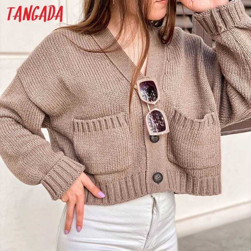 Tangada ženy 2020 jeseň zima cardigan vintage jumper pani móda nadrozmerné pletený sveter kabát QJ169