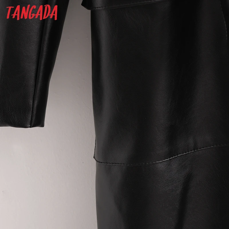 Tangada Ženy Solid Black Faux Kožené Dlho Zákopy Srsti S Pásom 2021 Office Dámy Outwear Vetrolam 1D69