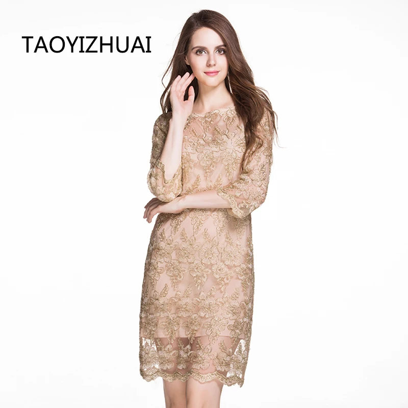 TAOYIZHUAI 2019 Jeseň Čipky Ženy Šaty Vintage Gloden Elegantné Výšivky Nad Kolená Pozdĺžne Plus Veľkosť Ženy Čipky Šaty 14008
