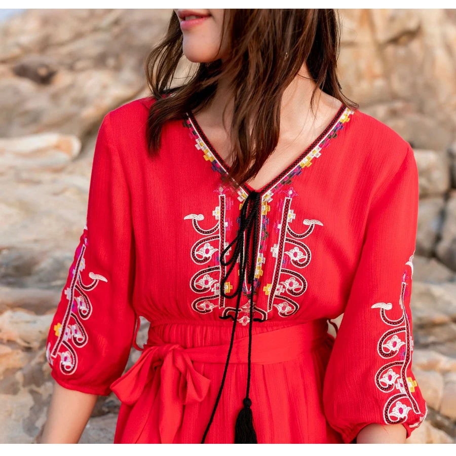 TEELYNN dlho Boho šaty pre ženy, etnické kvetinové Výšivky červená bavlnené šaty Bežné Elastický pás šaty Hippie šaty vestido