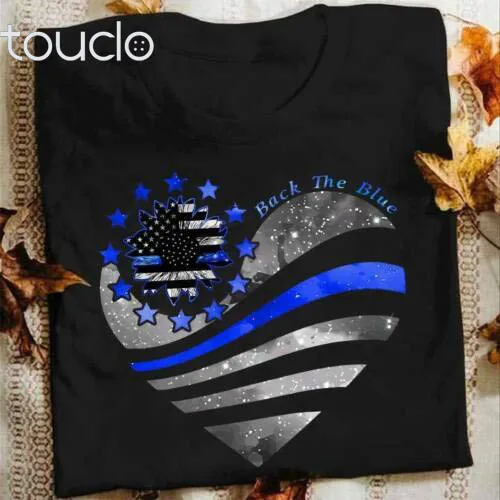 Tenká Modrá Čiara Slnečnice Srdce Láska Späť Modrá Polície Muži Ženy T Tričko Black