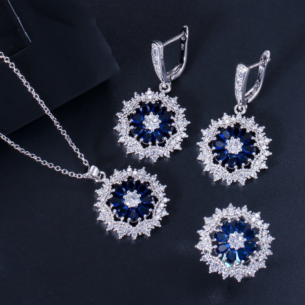 ThreeGraces Nové Módne Ženy Šperky Sady Modrá Cubic Zirconia Crystal Kolo Kvet Tvar Náhrdelníky Náušnice, Prsteň JS043