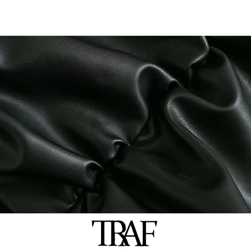 TRAF Ženy Elegantné Módne Faux Kožené Skladaný Mini Šaty Vintage Krátky Rukáv Späť na Zips Ženské Šaty Vestidos Mujer