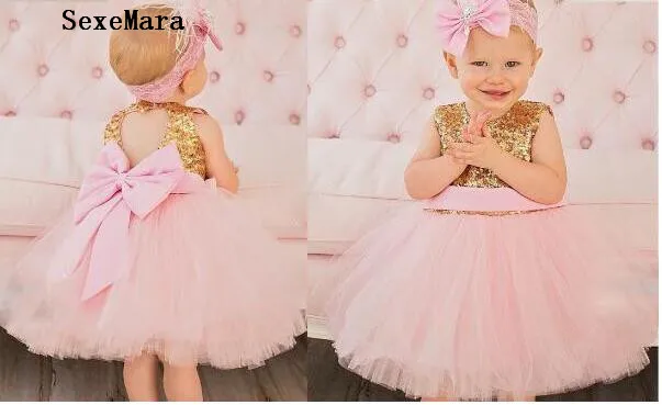 Trblietky ružová plesové šaty tutu princezná dieťa 1 rok Narodeninovej party šaty bling Zlatými flitrami otvor späť luk kvetina dievča šaty