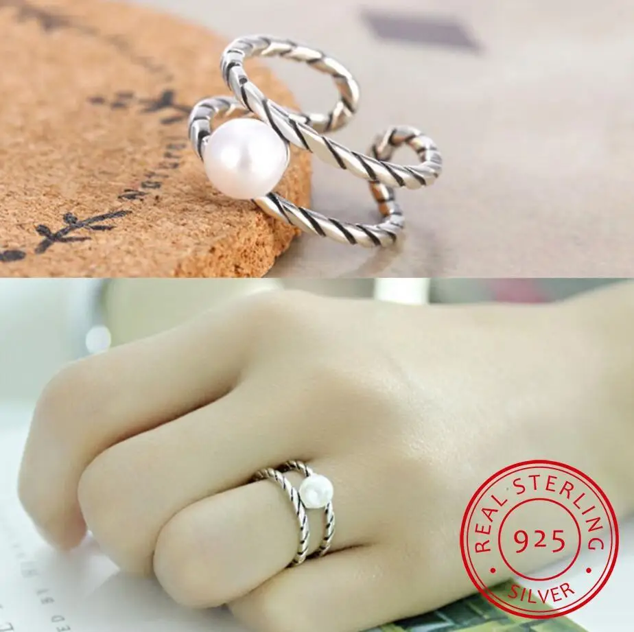 Trendy Kórejský Štýl 925 Sterling Silver Dvojvrstvové Snubné Prstene Pre Ženy Pearl Zirconia Otvorenie Krúžky S-R241