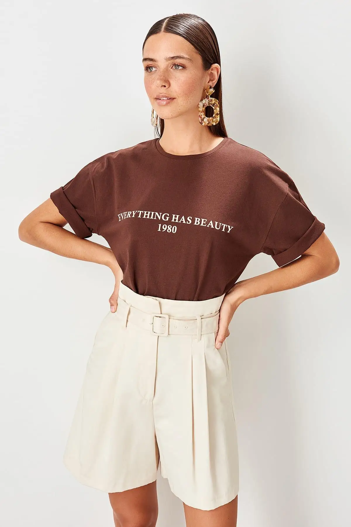 Trendyol dámske bavlnené tričká hnedé Vytlačené Pletený top pre ženy Basic tričko TWOSS19GH0034
