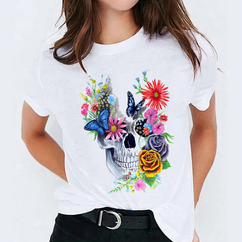Tričko pre Ženy Tlač na Kvetinový Kawaii Lebky Motýľ Halloween Tlač Lady T-shirts Ženský Čaj Top Dámske Grafické T-Shirt