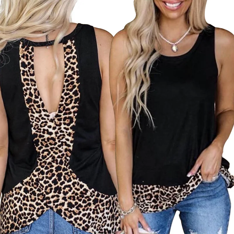 Tričko ženy oblečenie 2020 bez rukávov Sexy Otvorte zadný Leopard tshirts blúzky magliette donna estive dámy topy camisetas ropa