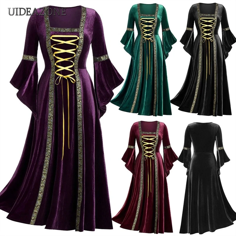 UIDEAZONE Vintage Gotický Obväz Ženy Šaty, Závoje Rukáv Dĺžka Podlahy Goth Upír Čarodejnice Šaty Stredoveké Renesančné Cosplay