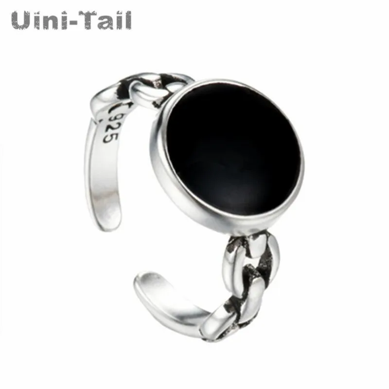 Uini-Chvost Hot Predaj Nových 925 Silver Jednoduchý Čierny Okrúhly Otvor Krúžok Osobnosti Módny Trend Retro Vysoko Kvalitné Šperky ED673