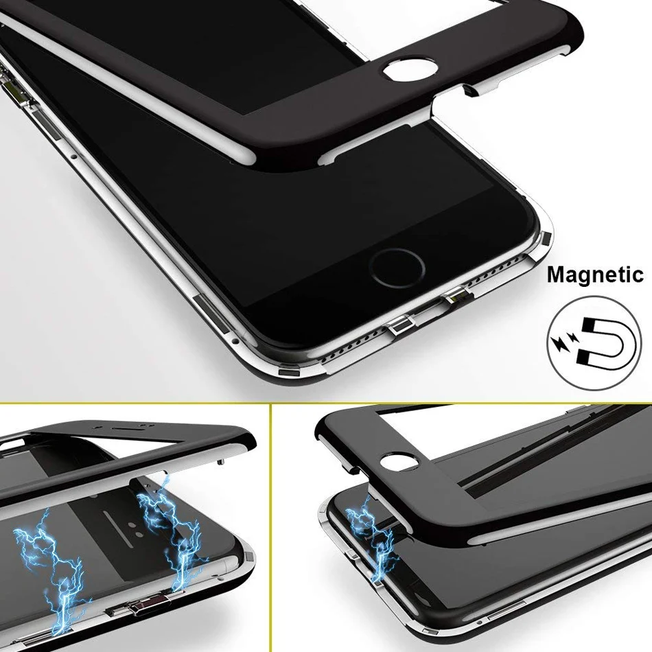 Ultra Magnetické Adsorpcie puzdro Pre iPhone X 8 7 6 6S S Plus Luxusné 360 Stupeň celého Tela Magnet Prípade Tvrdeného Skla Flim PC Kryt