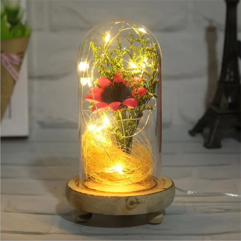 Umelé kvety sklenený kryt drevený základ LED svetlo, slnečnica plavidlá ozdoby domáce dekorácie tvorivé Valentine Vianočný darček