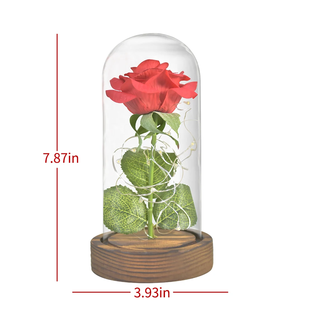 Umelé Kvety Červenej Ruže Dekorácie Kráska a Zviera so Sklenenou Kupolou Dreva Base Falošné Kvety na Nový Rok, Valentín Dary
