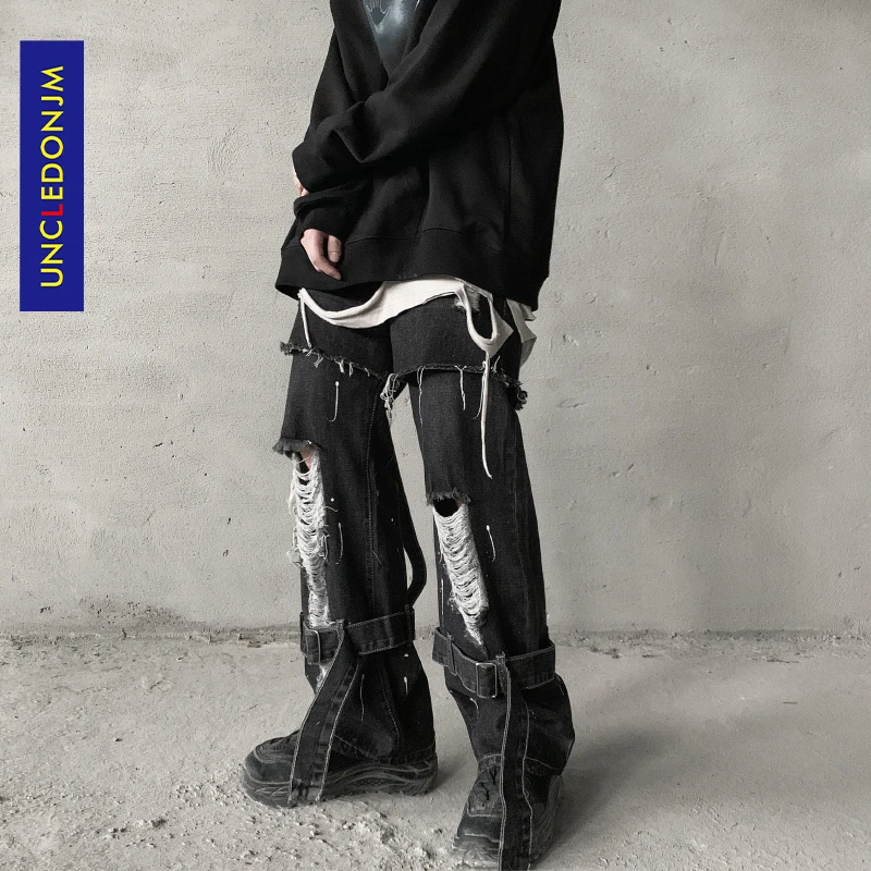 UNCLEDONJM Plodín šitie páse s nástrojmi roztrhané džínsy Núdzi hip hop mužov džínsy streetwear ženy 2021 biker džínsy B611